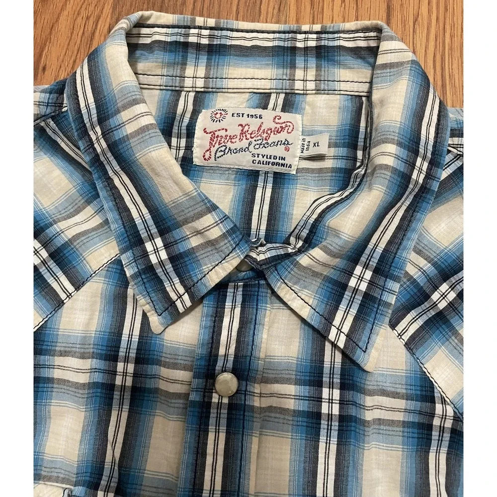 True Religion Ricky Western Shirt Mens XL Pearl Snap Plaid